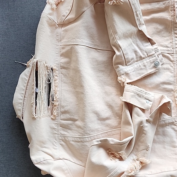 Women's fashion tattered Jean jacket light peach pink colour. - Picture 8 of 10